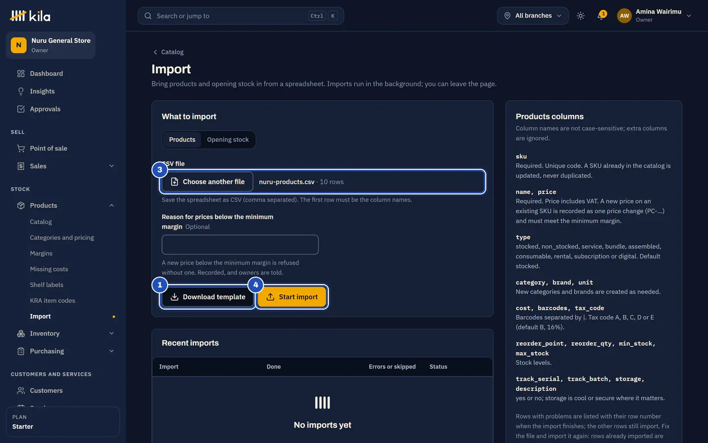 Import, Products: Download template (1), the file nuru-products.csv with 10 rows chosen (3) and Start import (4), with the Products columns guide on the right.