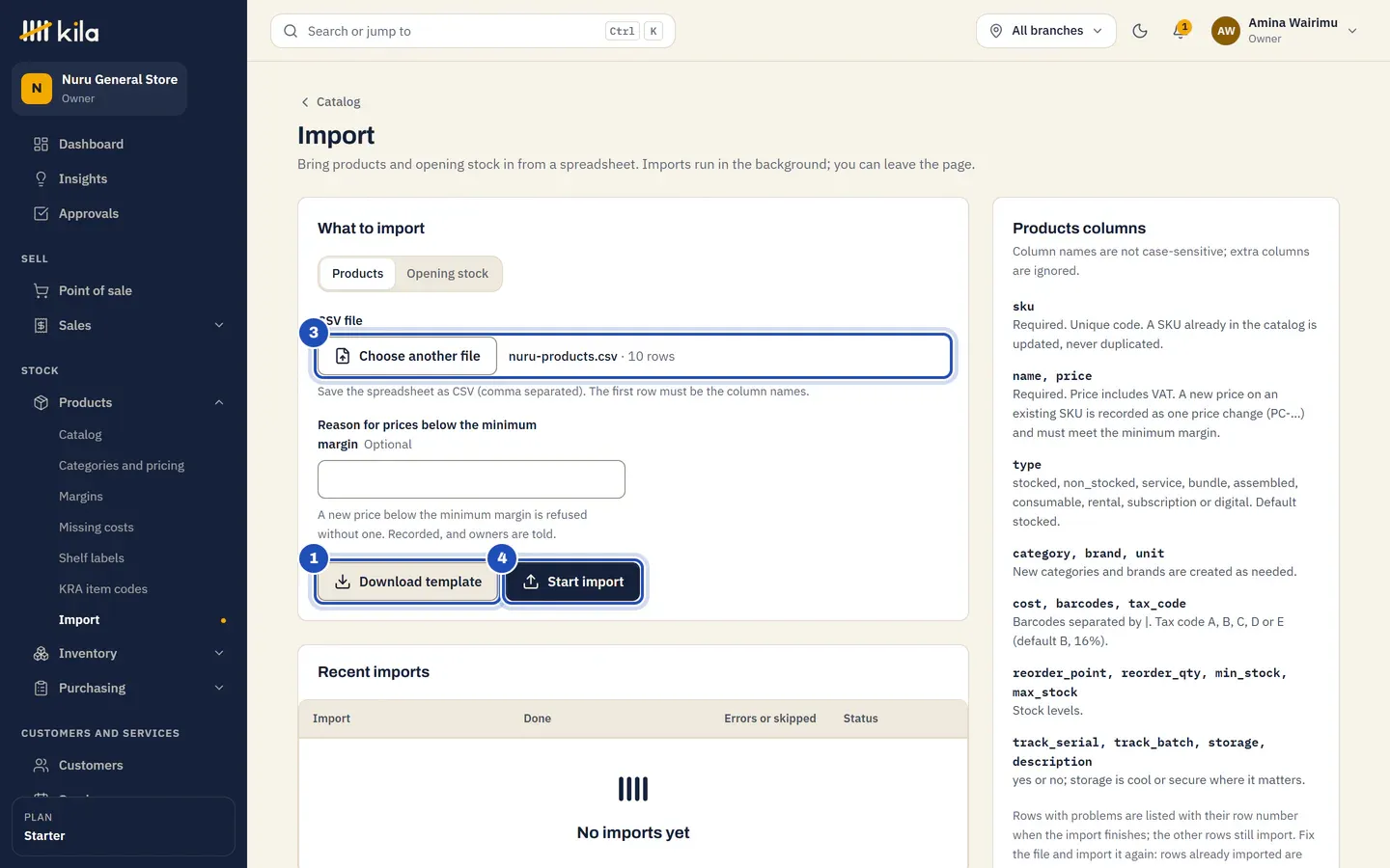 Import, Products: Download template (1), the file nuru-products.csv with 10 rows chosen (3) and Start import (4), with the Products columns guide on the right.
