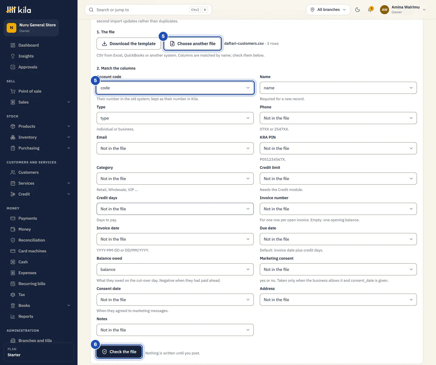 Customers and balances: the file daftari-customers.csv chosen, its columns matched, such as Account code to code (5), and Check the file (6).