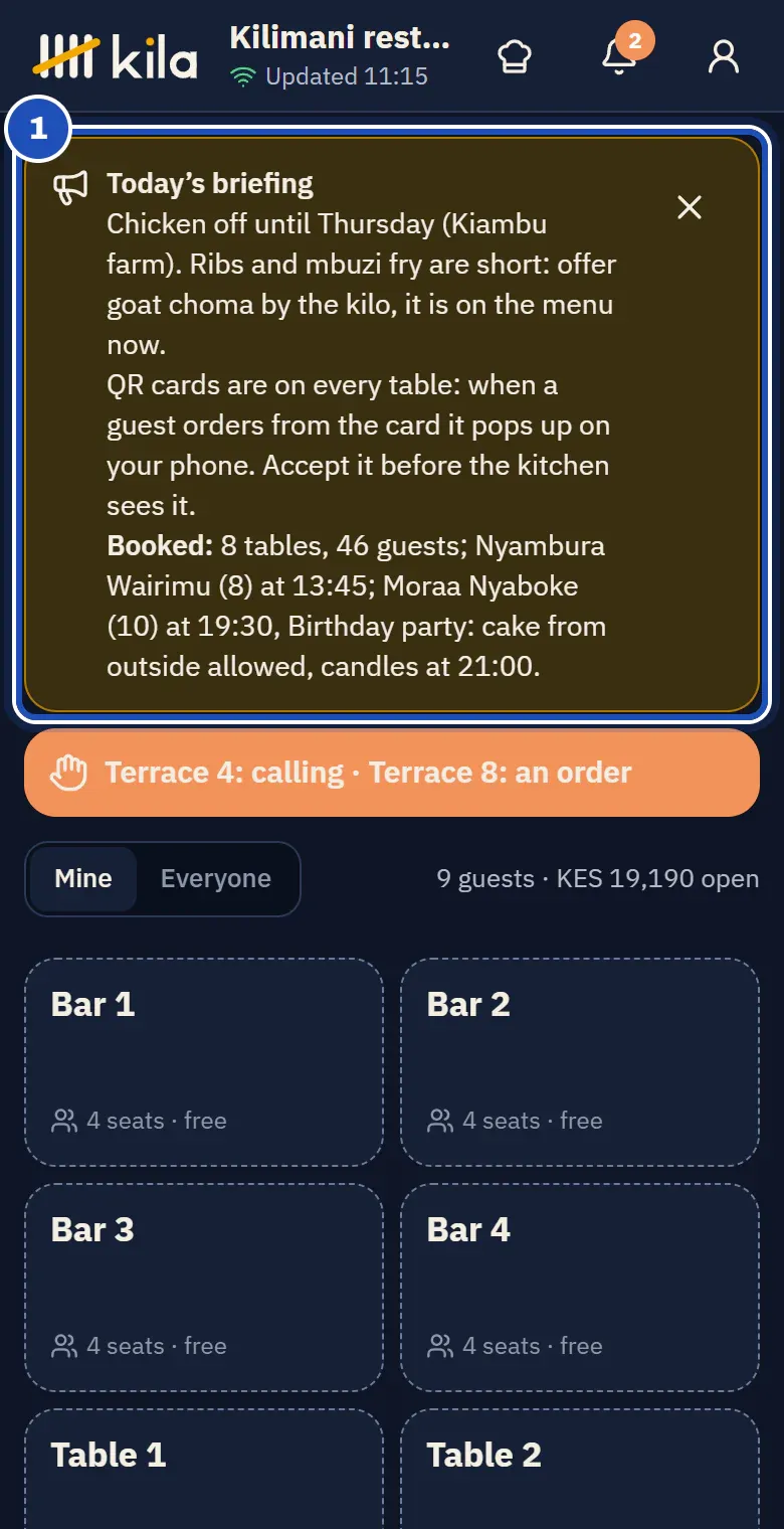 Kila Floor on Brian Kiprono's phone at Jikoni Grill and Cafe: Today’s briefing at the top (1), with chicken off until Thursday, the QR cards on every table, and the day's bookings, such as a birthday party of 10 at 19:30. Below it, guests calling from Terrace 4 and Terrace 8, Mine and Everyone, and the free tables Bar 1 to Bar 4.