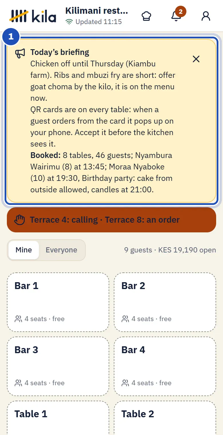 Kila Floor on Brian Kiprono's phone at Jikoni Grill and Cafe: Today’s briefing at the top (1), with chicken off until Thursday, the QR cards on every table, and the day's bookings, such as a birthday party of 10 at 19:30. Below it, guests calling from Terrace 4 and Terrace 8, Mine and Everyone, and the free tables Bar 1 to Bar 4.