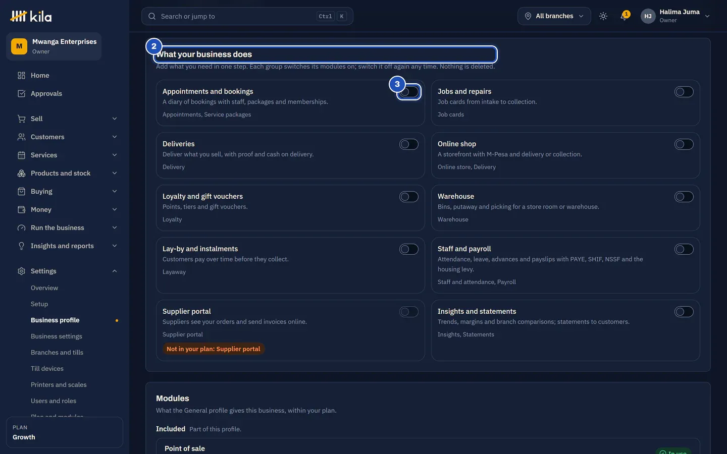 Business profile at Mwanga Enterprises: What your business does (2) with its ten groups, the switch for Appointments and bookings marked 3, and Supplier portal saying Not in your plan: Supplier portal.