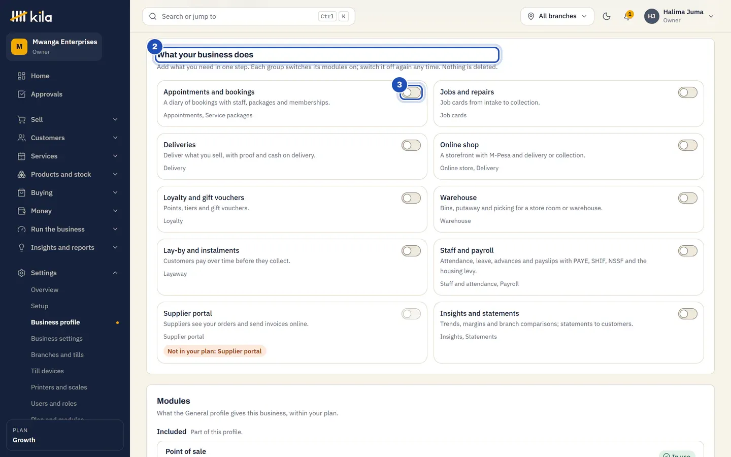 Business profile at Mwanga Enterprises: What your business does (2) with its ten groups, the switch for Appointments and bookings marked 3, and Supplier portal saying Not in your plan: Supplier portal.
