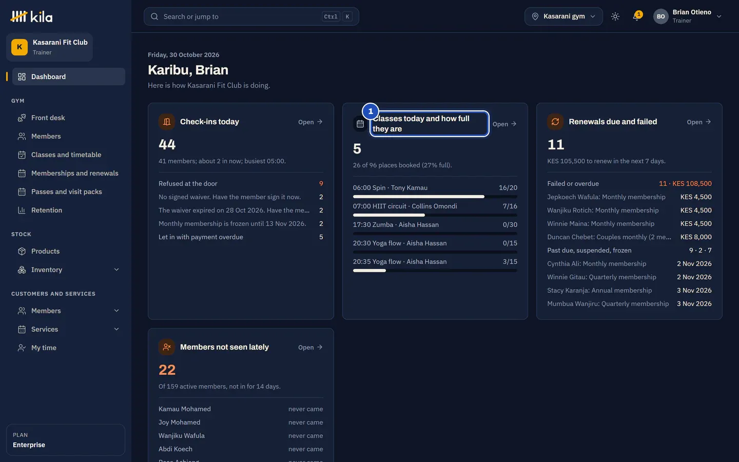 Brian Otieno's home page at Kasarani Fit Club: Classes today and how full they are, marked 1, with each class, its trainer and the places booked, beside check-ins today, renewals and members not seen lately.
