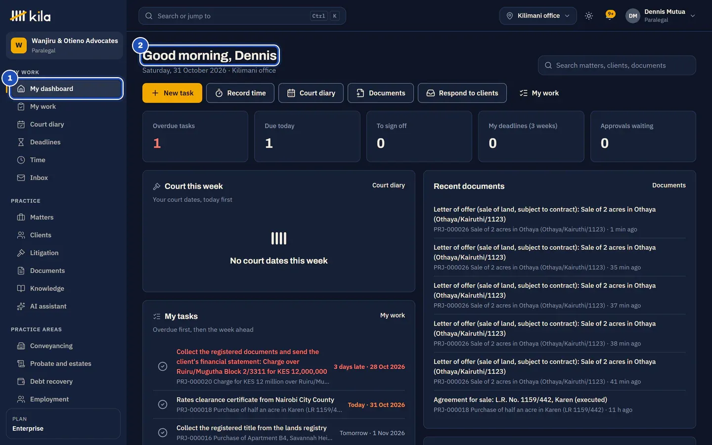 Dennis Mutua's dashboard: My dashboard in the menu (1), his greeting (2), his counts, his recent documents and his tasks.