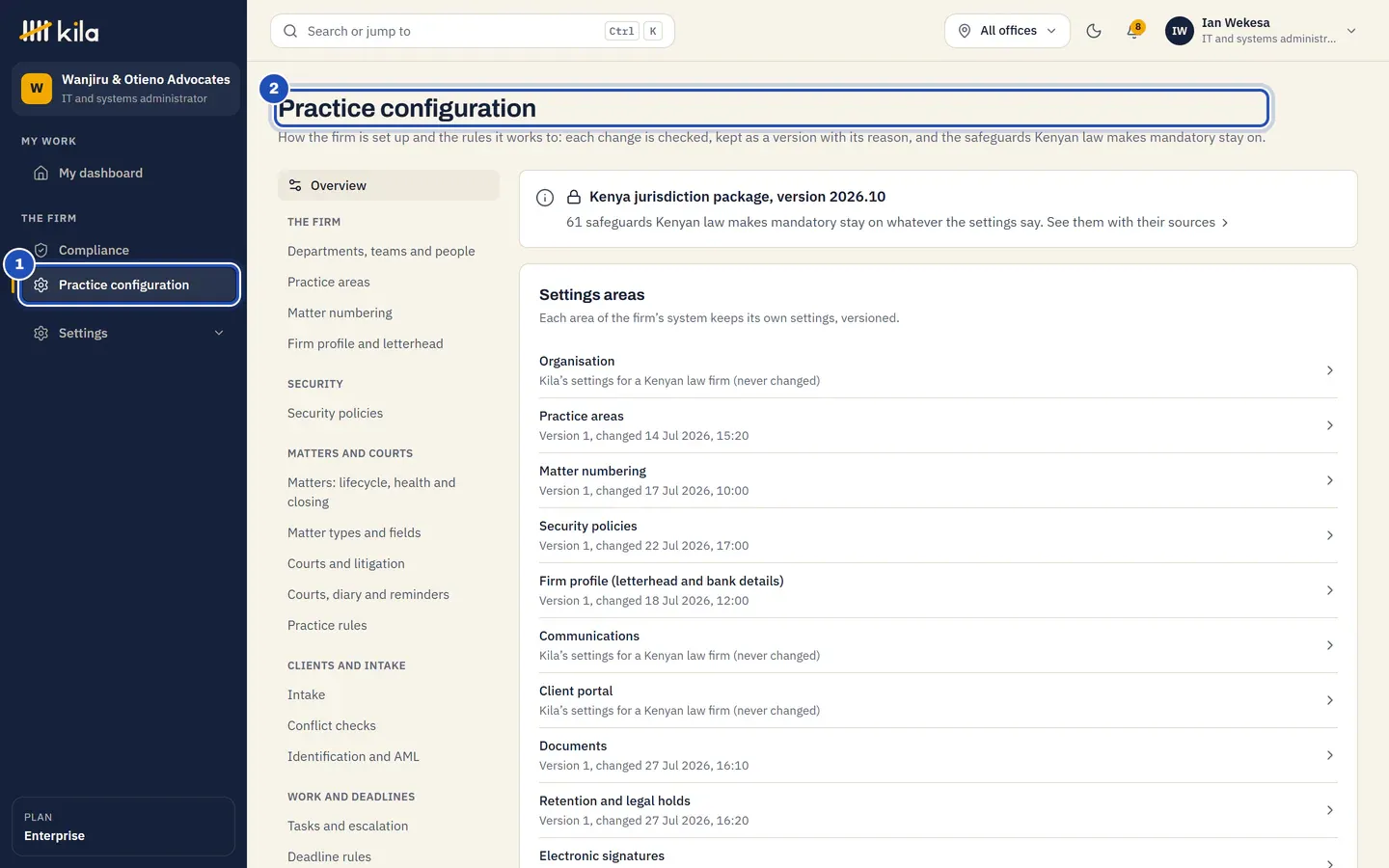 Ian Wekesa's Practice configuration: Practice configuration in the menu (1), the page's title (2), the Kenya jurisdiction package and the settings areas.