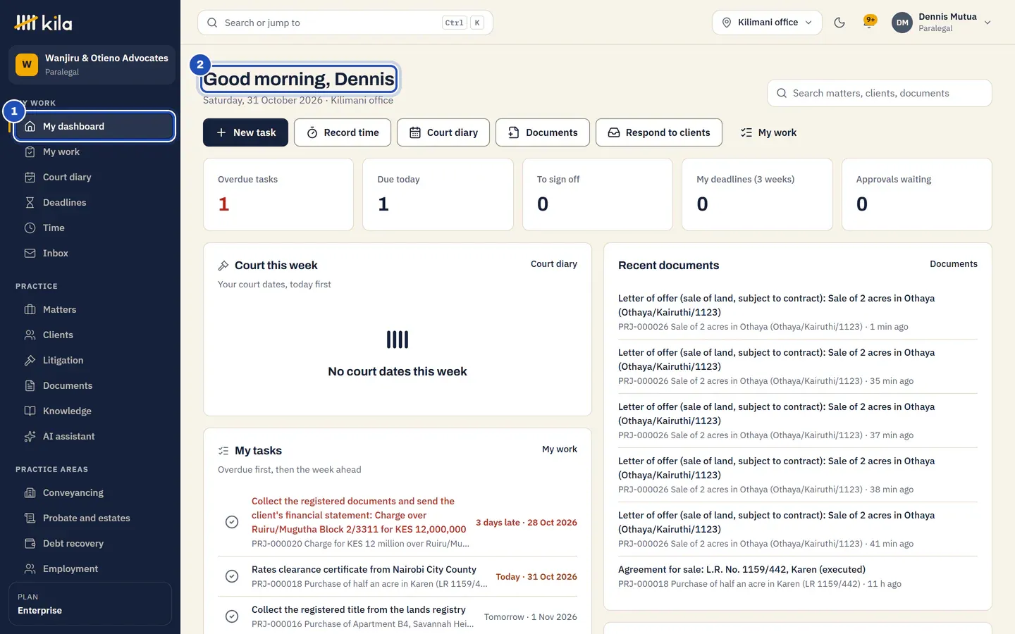 Dennis Mutua's dashboard: My dashboard in the menu (1), his greeting (2), his counts, his recent documents and his tasks.