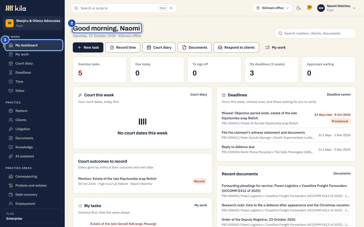 Naomi Wairimu's dashboard: My dashboard in the menu (1), her greeting (2), her counts, her court dates this week, her deadlines and her tasks.