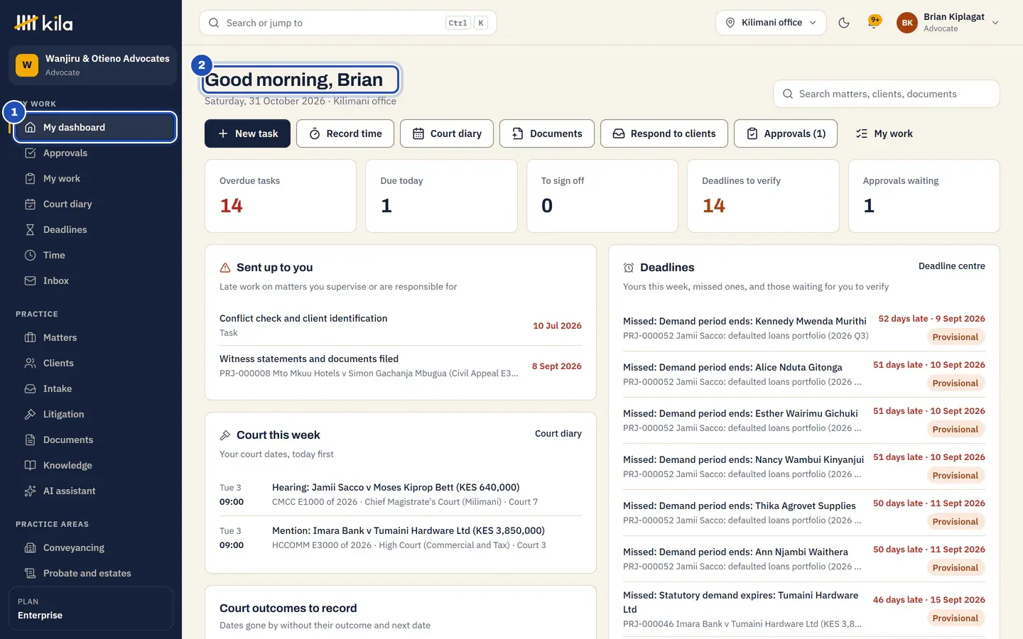 Brian Kiplagat's dashboard: My dashboard in the menu (1), his greeting (2), his counts, the work sent up to him, his court dates this week and his deadlines.