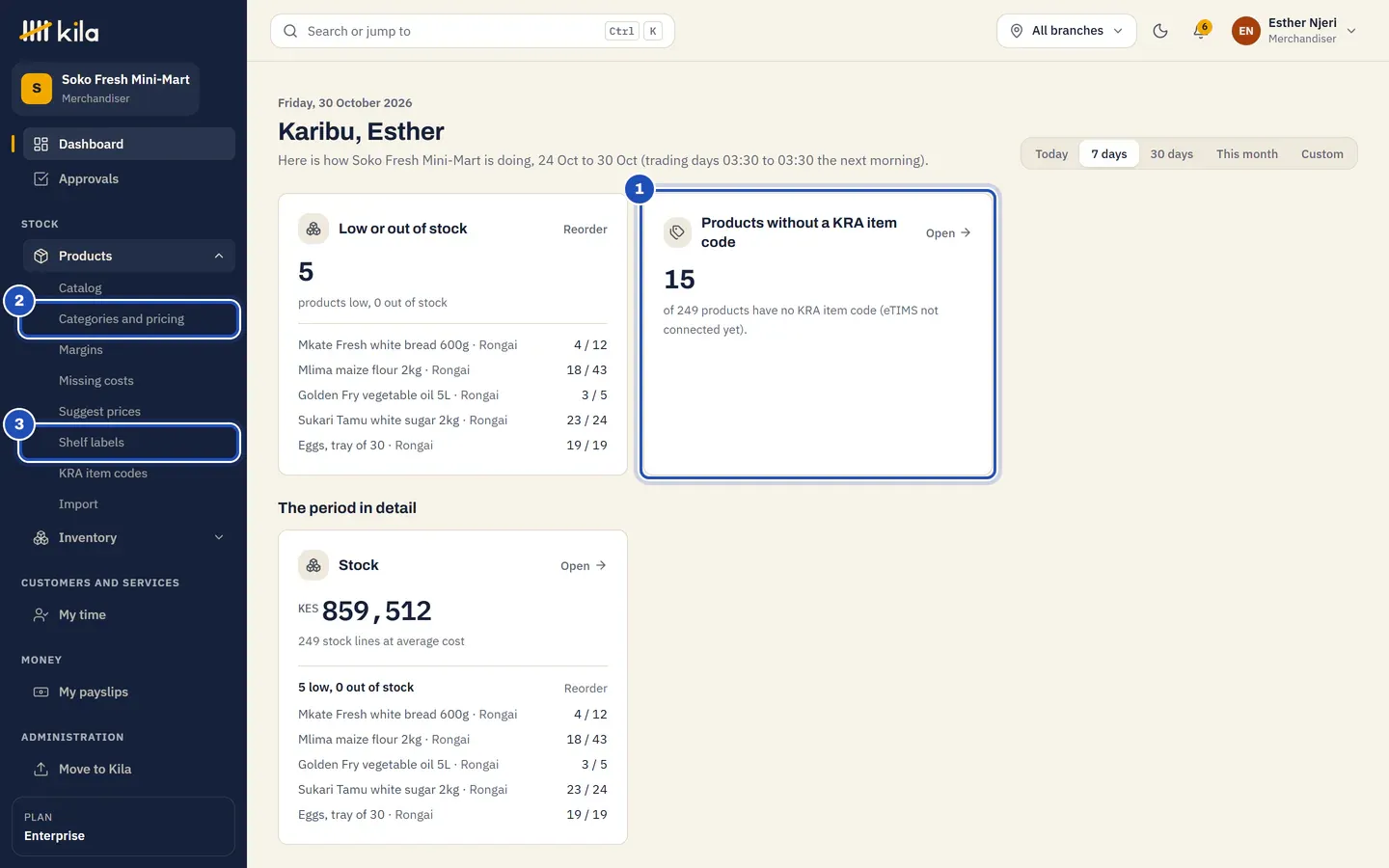 Esther Njeri's home page at Soko Fresh Mini-Mart: Low or out of stock, Products without a KRA item code (1), and the Products menu open with Categories and pricing (2) and Shelf labels (3).