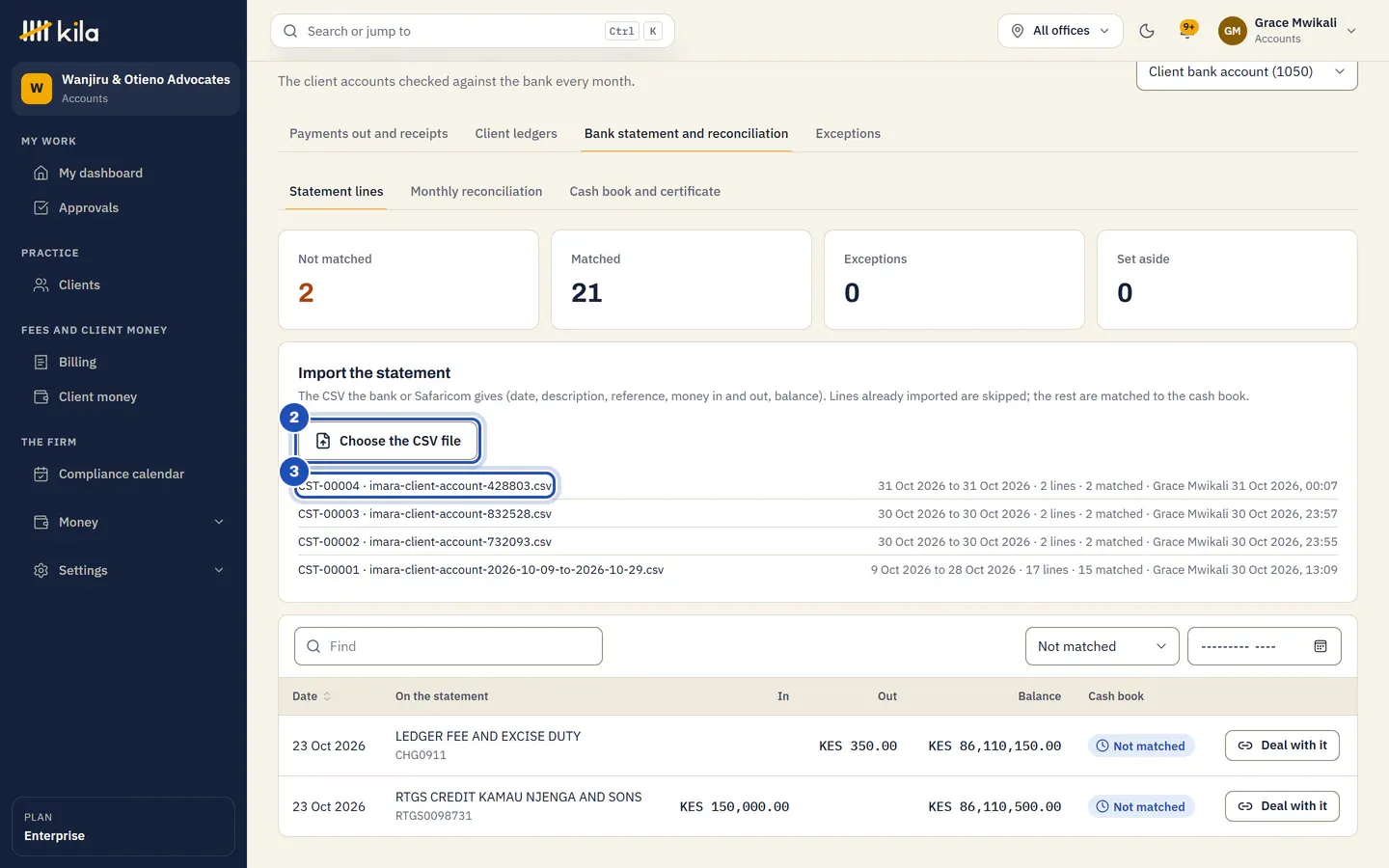 Bank statement and reconciliation for the client bank account: Choose the CSV file (2) and the import just made, 2 lines and 2 matched (3), above the two lines from earlier still Not matched.