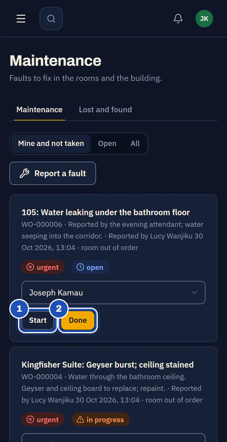 Joseph Kamau's work orders on his phone at Naivasha Lakeside Lodge: a leak under room 105's bathroom floor, urgent, with Start (1) and Done (2).