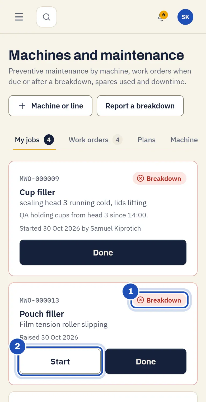 Samuel Kiprotich's My jobs on a phone: a breakdown on the pouch filler, Film tension roller slipping, marked Breakdown (1), with Start (2) and Done.