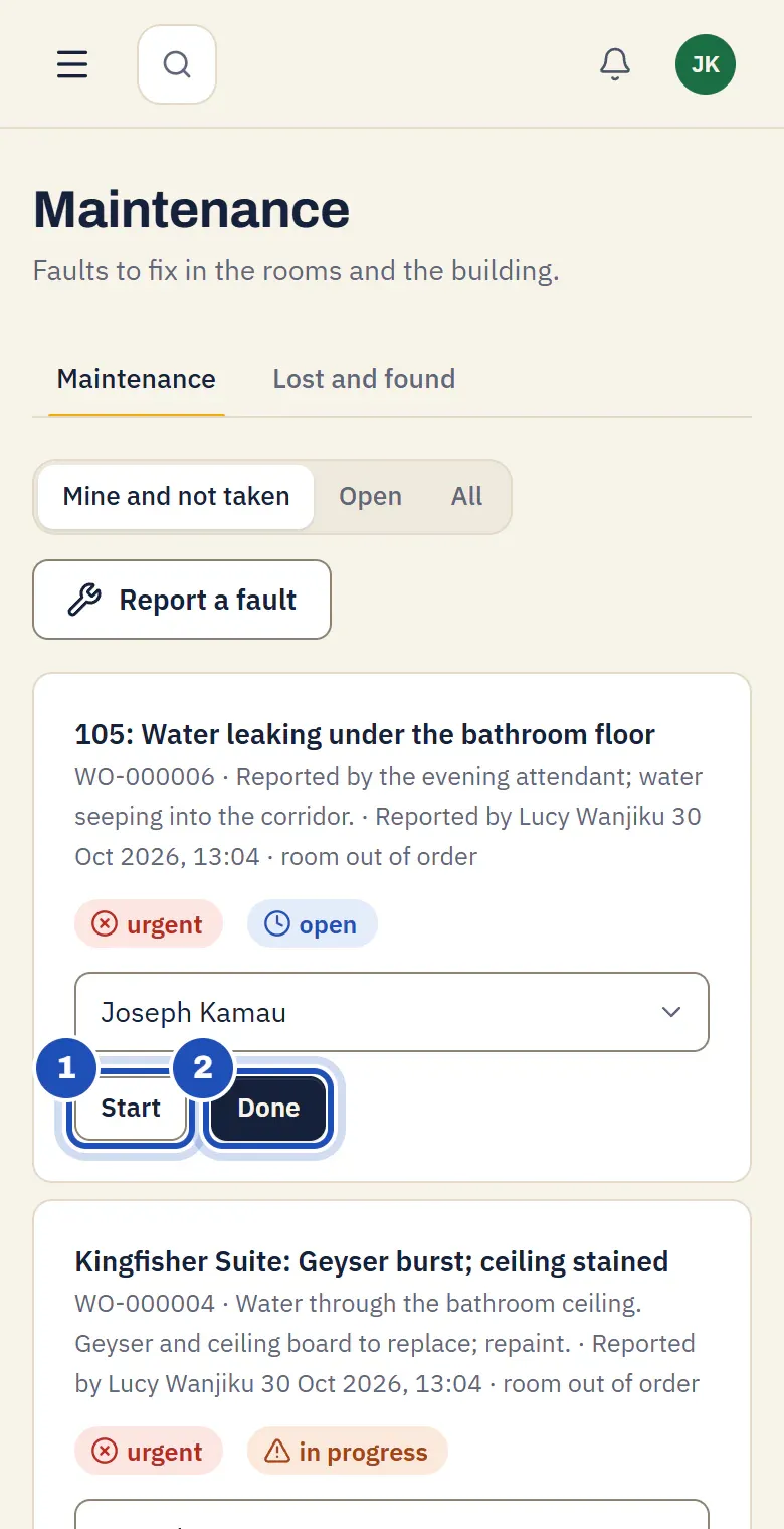 Joseph Kamau's work orders on his phone at Naivasha Lakeside Lodge: a leak under room 105's bathroom floor, urgent, with Start (1) and Done (2).
