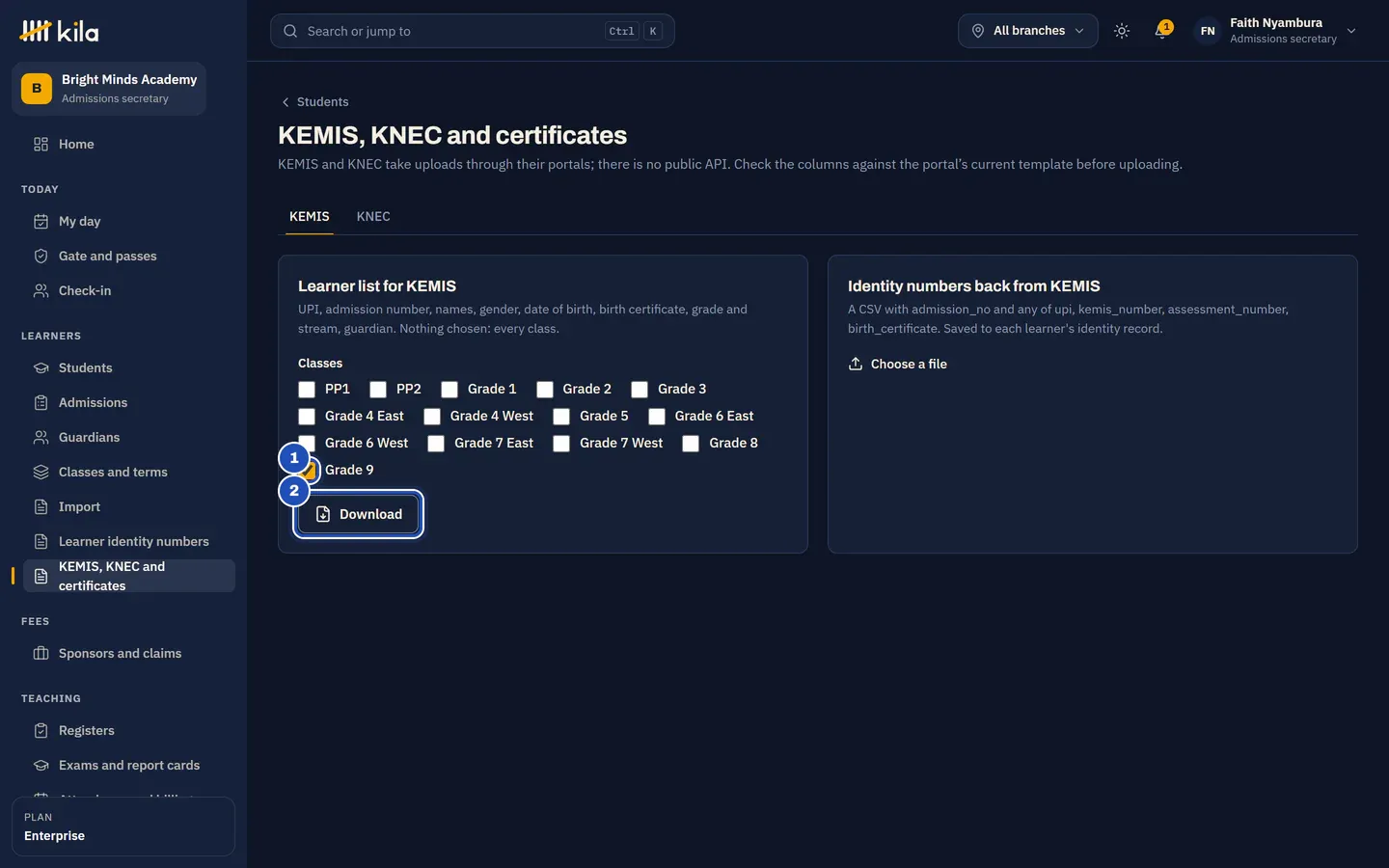 KEMIS, KNEC and certificates at Bright Minds Academy: the KEMIS tab, Learner list for KEMIS with Grade 9 ticked (1) and Download (2), and Identity numbers back from KEMIS beside it.