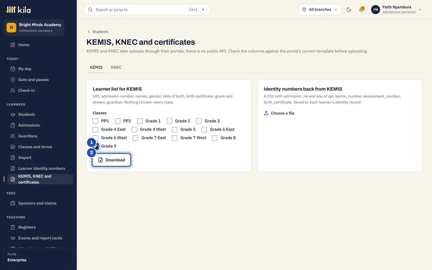 KEMIS, KNEC and certificates at Bright Minds Academy: the KEMIS tab, Learner list for KEMIS with Grade 9 ticked (1) and Download (2), and Identity numbers back from KEMIS beside it.