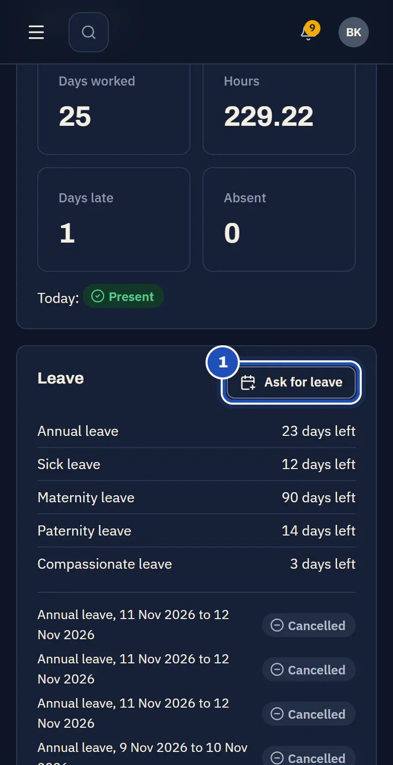 The Leave card in My time: days left of each kind of leave, with Ask for leave marked 1.