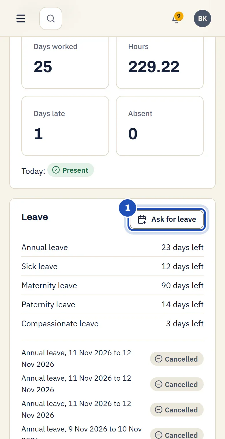The Leave card in My time: days left of each kind of leave, with Ask for leave marked 1.