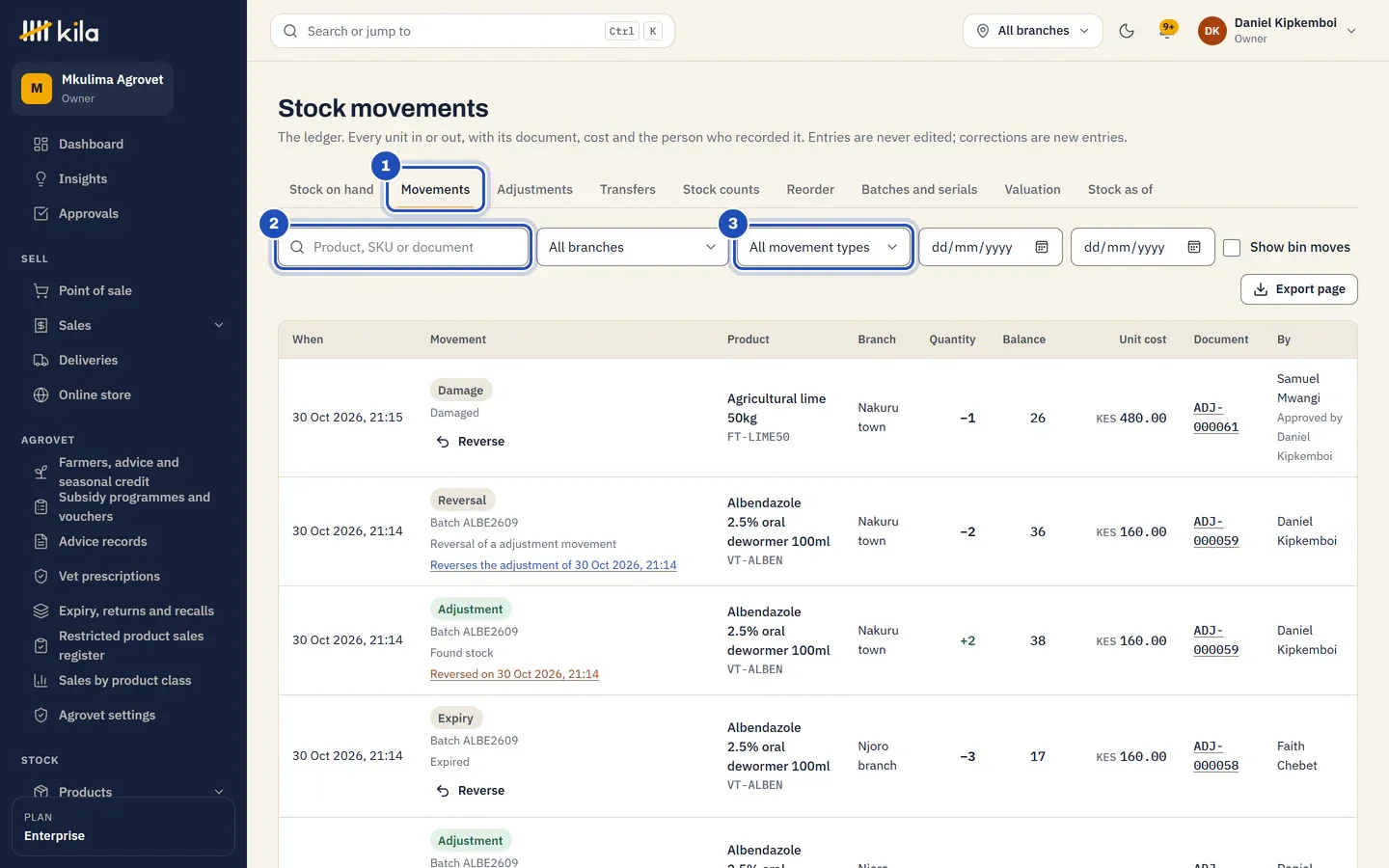 Stock movements at Mkulima Agrovet, newest first. The Movements tab is marked 1, the search Product, SKU or document is marked 2 and the list of movement types is marked 3.