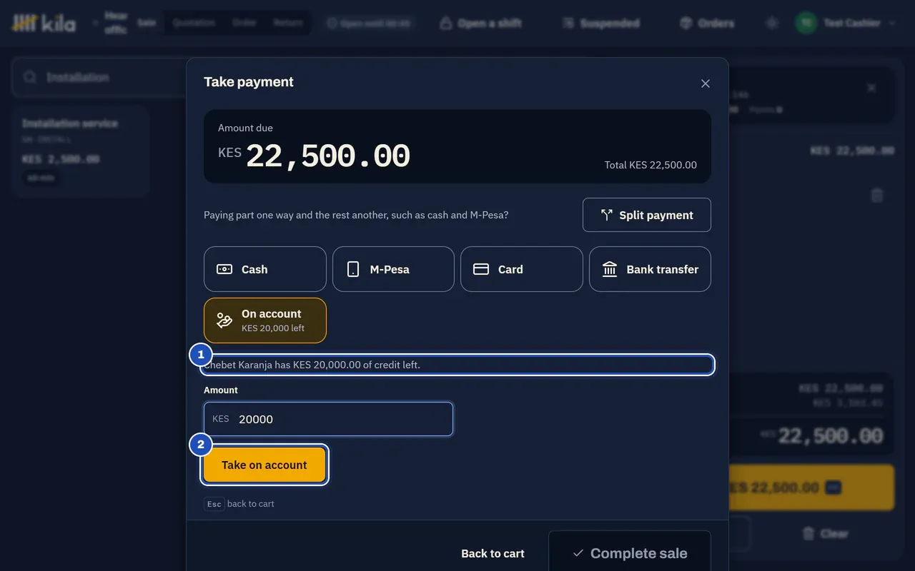 Paying KES 22,500.00 for Chebet Karanja with On account chosen: Chebet Karanja has KES 20,000.00 of credit left (1), the amount KES 20,000 and Take on account (2).