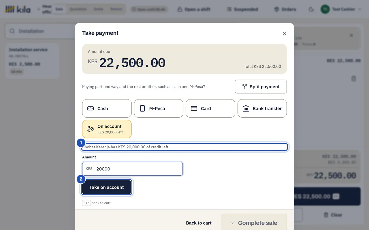 Paying KES 22,500.00 for Chebet Karanja with On account chosen: Chebet Karanja has KES 20,000.00 of credit left (1), the amount KES 20,000 and Take on account (2).