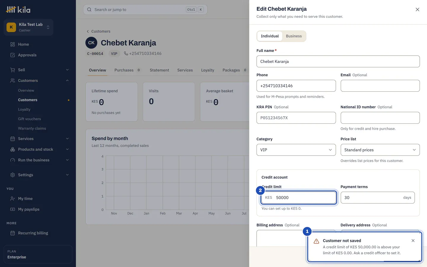 Test Cashier editing Chebet Karanja: Customer not saved. A credit limit of KES 50,000.00 is above your limit of KES 0.00. Ask a credit officer to set it (1). The credit limit field (2).