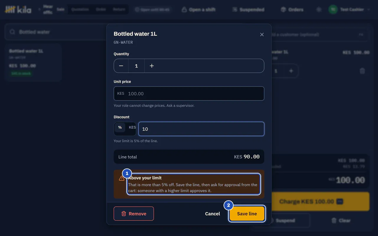 Test Cashier's line editor for bottled water with 10% off: Above your limit. That is more than 5% off (1), and Save line (2).