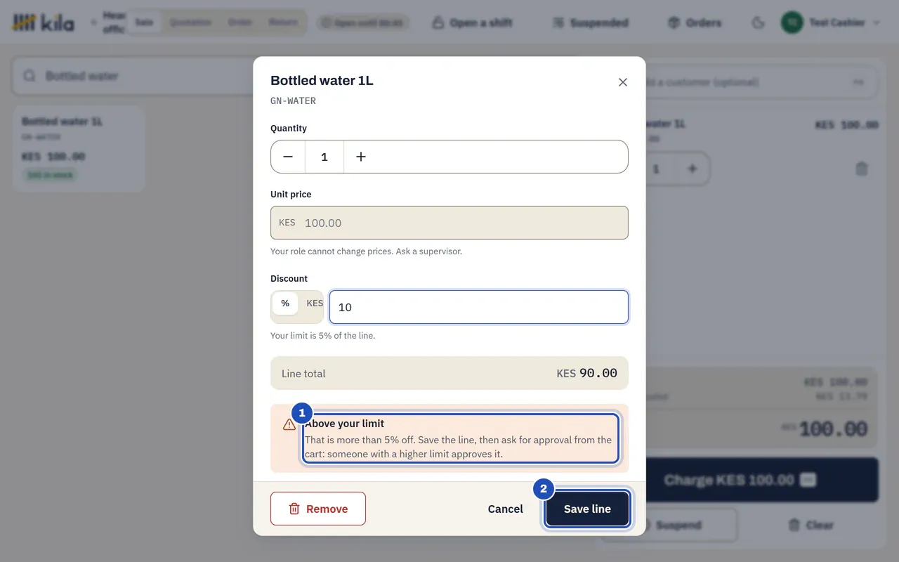 Test Cashier's line editor for bottled water with 10% off: Above your limit. That is more than 5% off (1), and Save line (2).