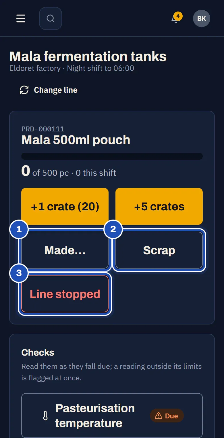 Brian Kipkemboi's line screen for the Mala fermentation tanks on a phone: the run of Mala 500ml pouch with its progress, the quick count +1 crate (20), Made… (1), Scrap (2) and Line stopped (3).