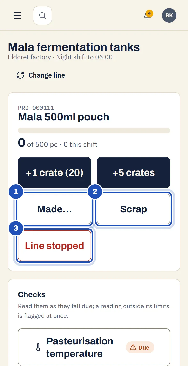 Brian Kipkemboi's line screen for the Mala fermentation tanks on a phone: the run of Mala 500ml pouch with its progress, the quick count +1 crate (20), Made… (1), Scrap (2) and Line stopped (3).