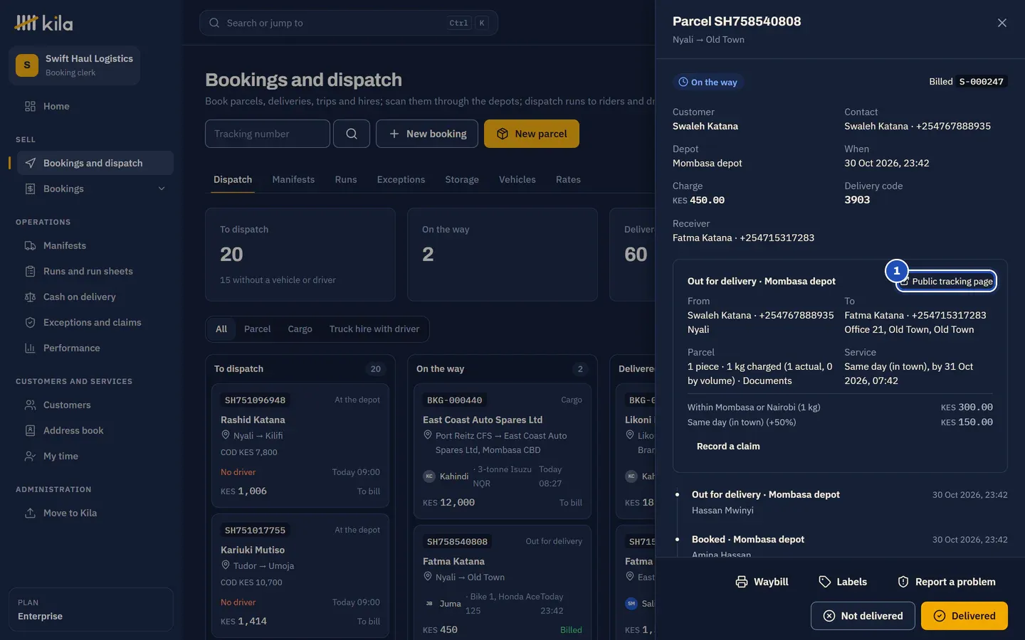 A parcel's page at Swift Haul Logistics, out for delivery. The link Public tracking page is marked 1.