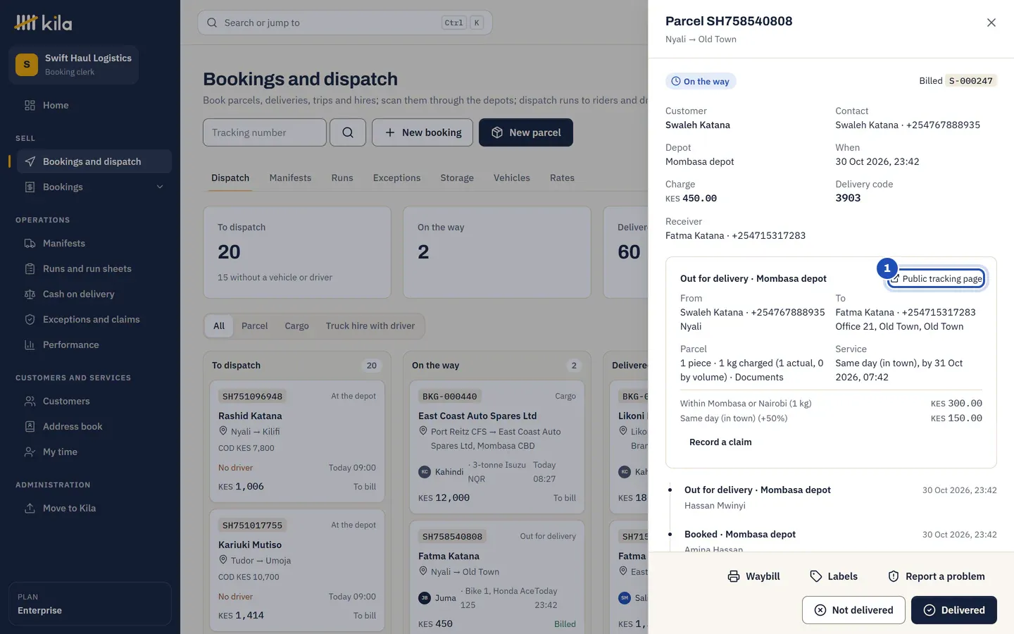 A parcel's page at Swift Haul Logistics, out for delivery. The link Public tracking page is marked 1.