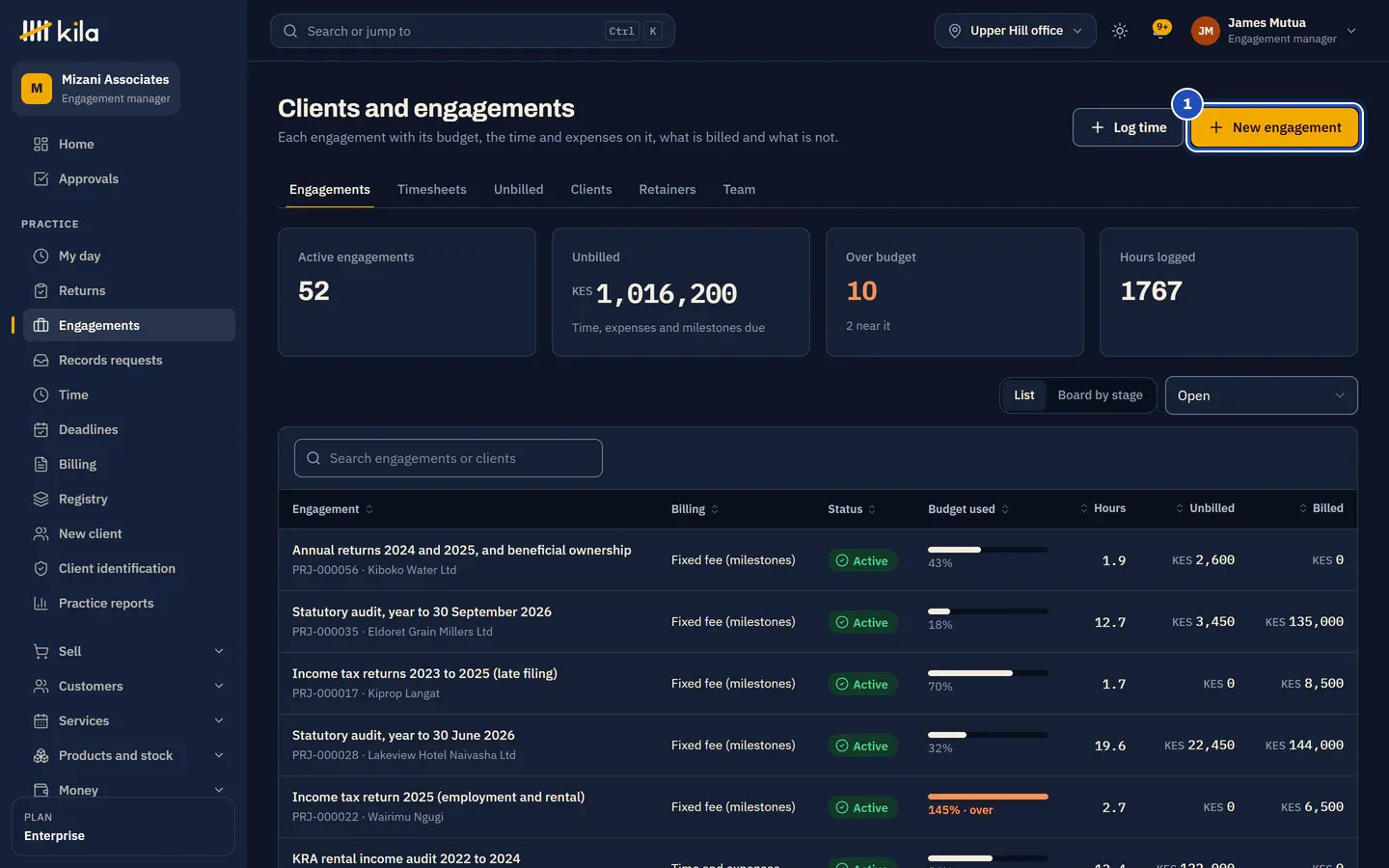 Clients and engagements at Mizani Associates: the list of engagements with their billing, budget used, hours, unbilled and billed amounts. New engagement is marked 1.