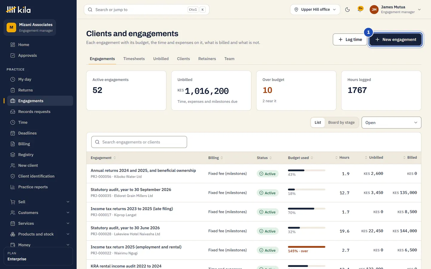 Clients and engagements at Mizani Associates: the list of engagements with their billing, budget used, hours, unbilled and billed amounts. New engagement is marked 1.