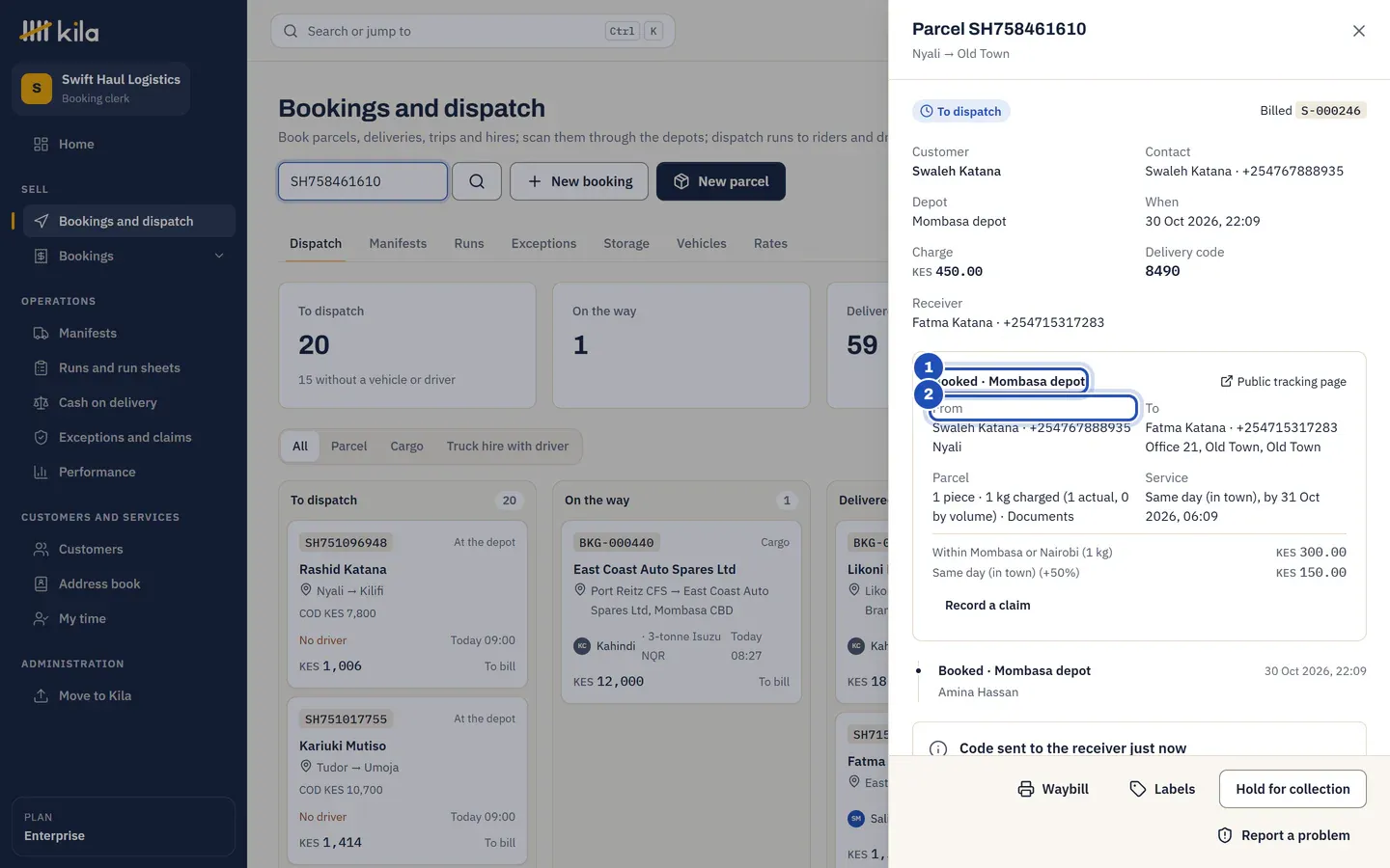 Amina Hassan finds a parcel by its tracking number: its stage Booked at the Mombasa depot (1) and who it is from and to (2), with Waybill and Labels to print again.