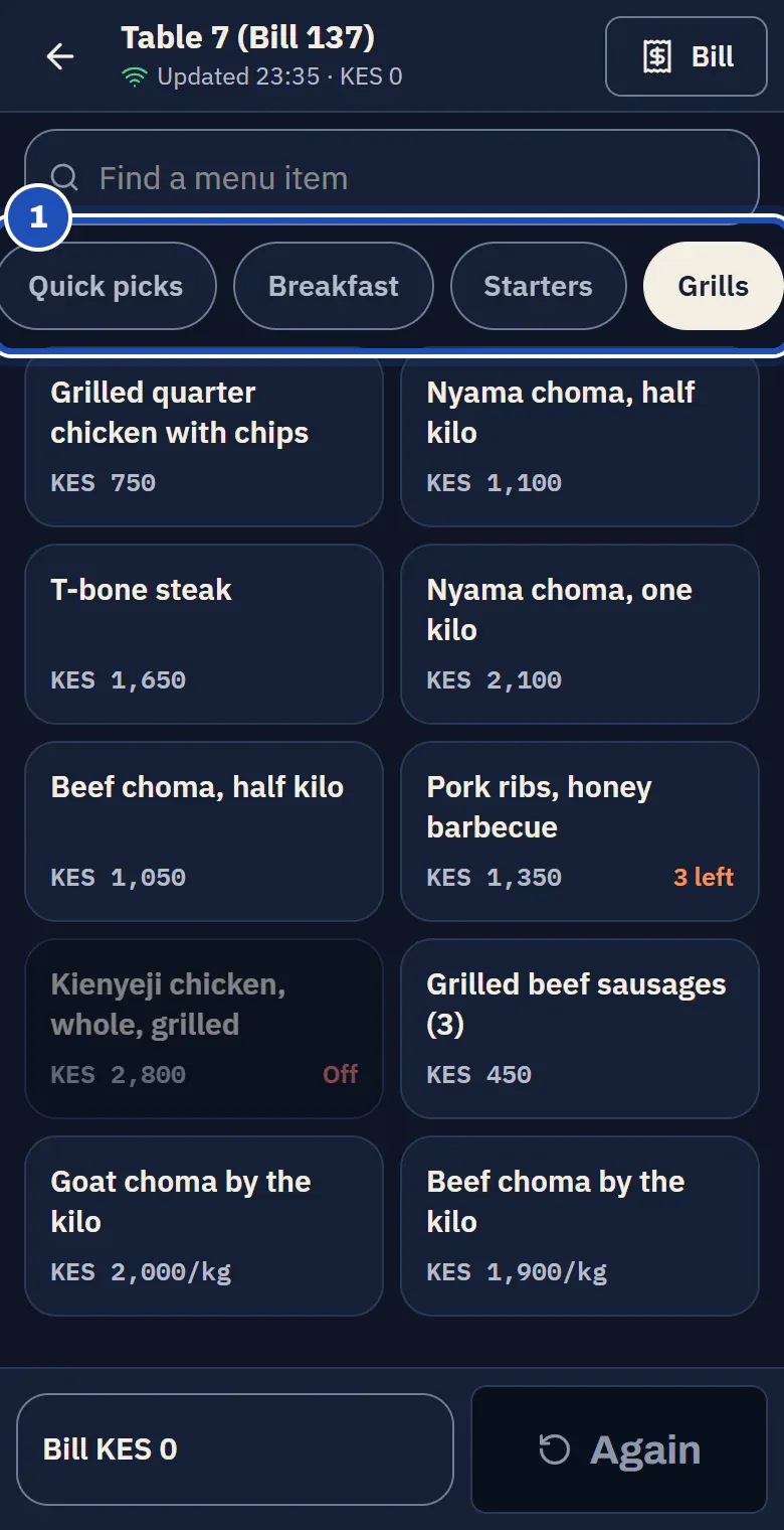 The order pad for Table 7 at Jikoni Grill and Cafe: the categories (1) with Grills chosen, Pork ribs showing 3 left and Kienyeji chicken greyed with Off.