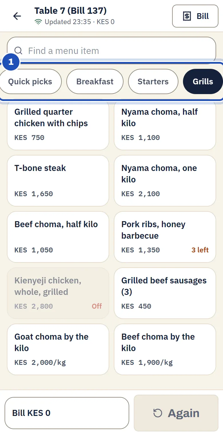 The order pad for Table 7 at Jikoni Grill and Cafe: the categories (1) with Grills chosen, Pork ribs showing 3 left and Kienyeji chicken greyed with Off.