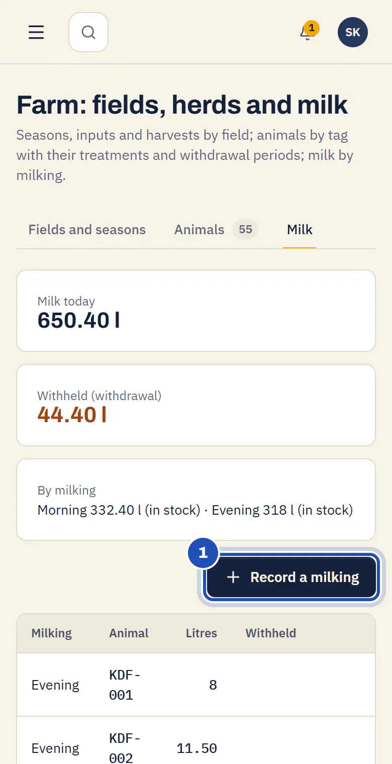 Samuel Kinyanjui's Milk tab on a phone: milk today, the milk withheld, by milking, and Record a milking (1).