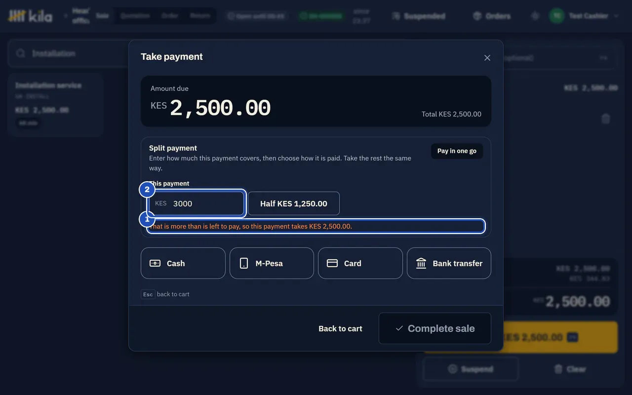 A split payment for an installation of KES 2,500.00 with KES 3,000 typed: That is more than is left to pay, so this payment takes KES 2,500.00 (1). The amount of this payment (2).