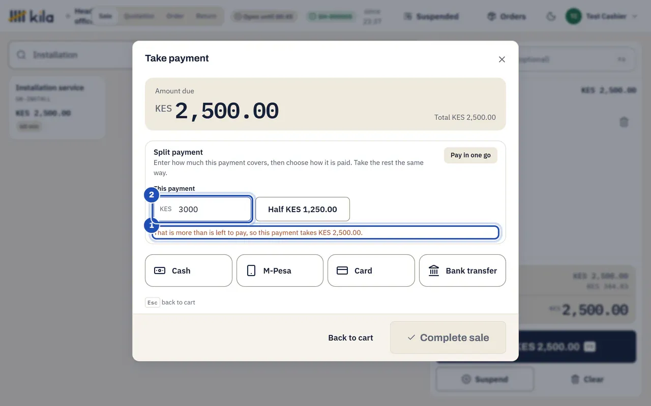 A split payment for an installation of KES 2,500.00 with KES 3,000 typed: That is more than is left to pay, so this payment takes KES 2,500.00 (1). The amount of this payment (2).