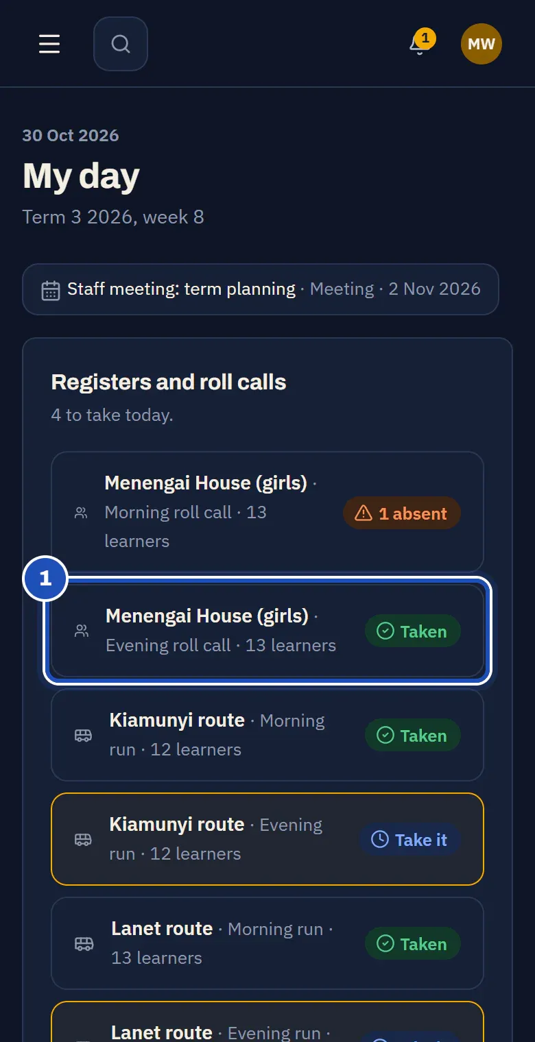 My day for Mary Wanjiru, matron at Bright Minds Academy: the morning and evening roll calls of Menengai House (girls), the evening one marked 1, and the evening bus runs.