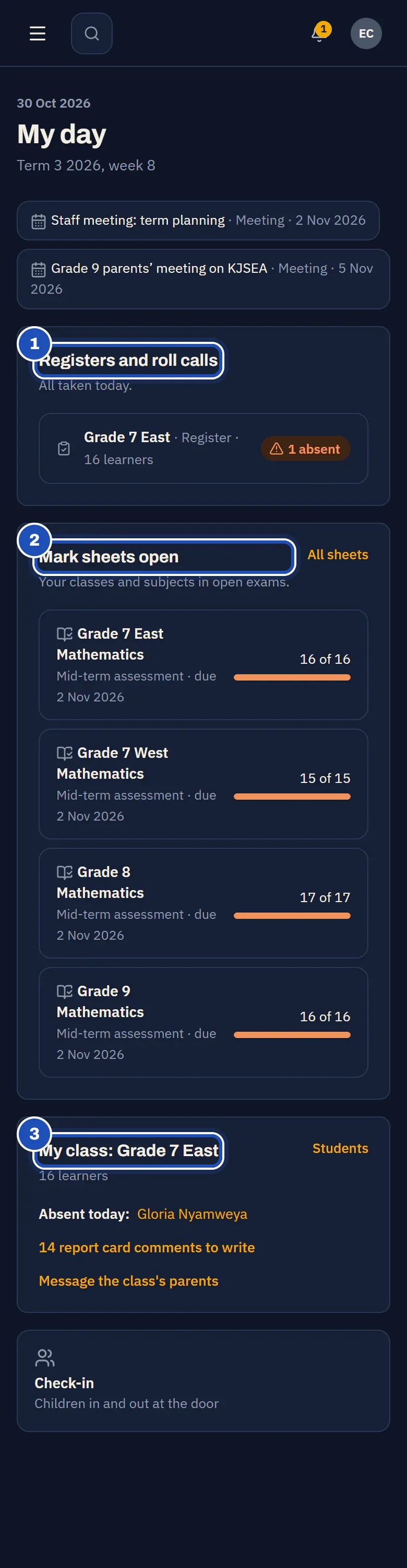My day for Esther Chepkoech, class teacher of Grade 7 East: Registers and roll calls (1), Mark sheets open with her Mathematics sheets (2), and My class: Grade 7 East with who is absent today, the report card comments to write and Message the class's parents (3).