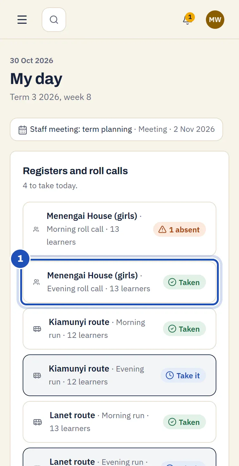 My day for Mary Wanjiru, matron at Bright Minds Academy: the morning and evening roll calls of Menengai House (girls), the evening one marked 1, and the evening bus runs.