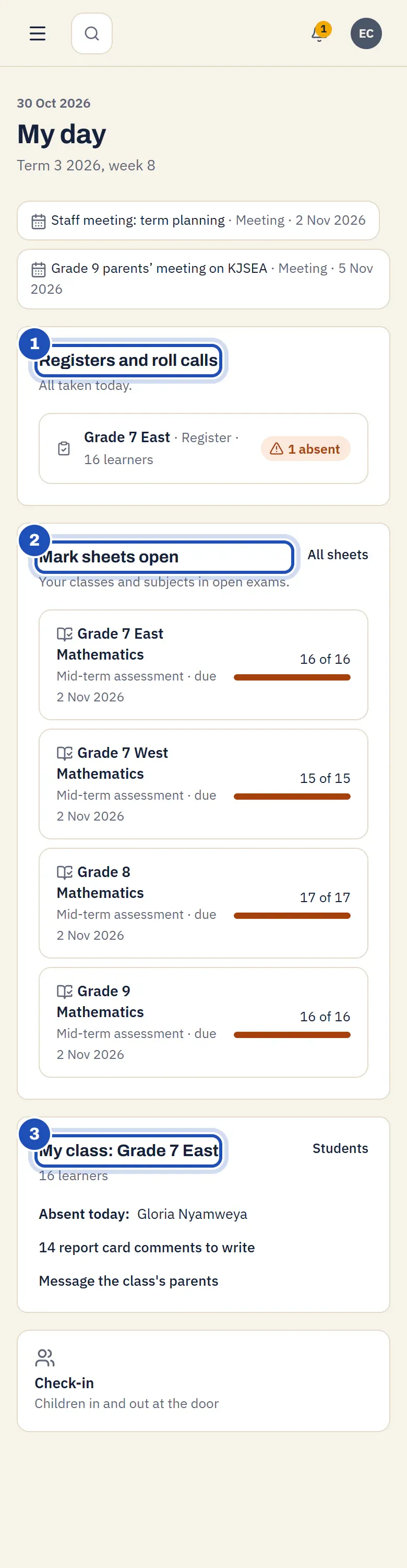 My day for Esther Chepkoech, class teacher of Grade 7 East: Registers and roll calls (1), Mark sheets open with her Mathematics sheets (2), and My class: Grade 7 East with who is absent today, the report card comments to write and Message the class's parents (3).