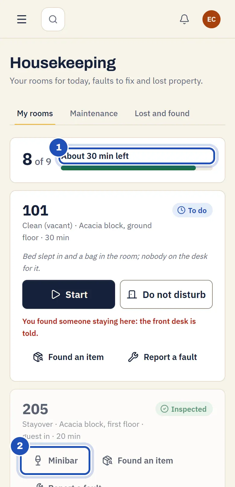 Esther Chebet's rooms on her phone at Naivasha Lakeside Lodge: how many are done and about how long is left (1), and each room with its kind of clean, Minibar (2), Found an item and Report a fault.