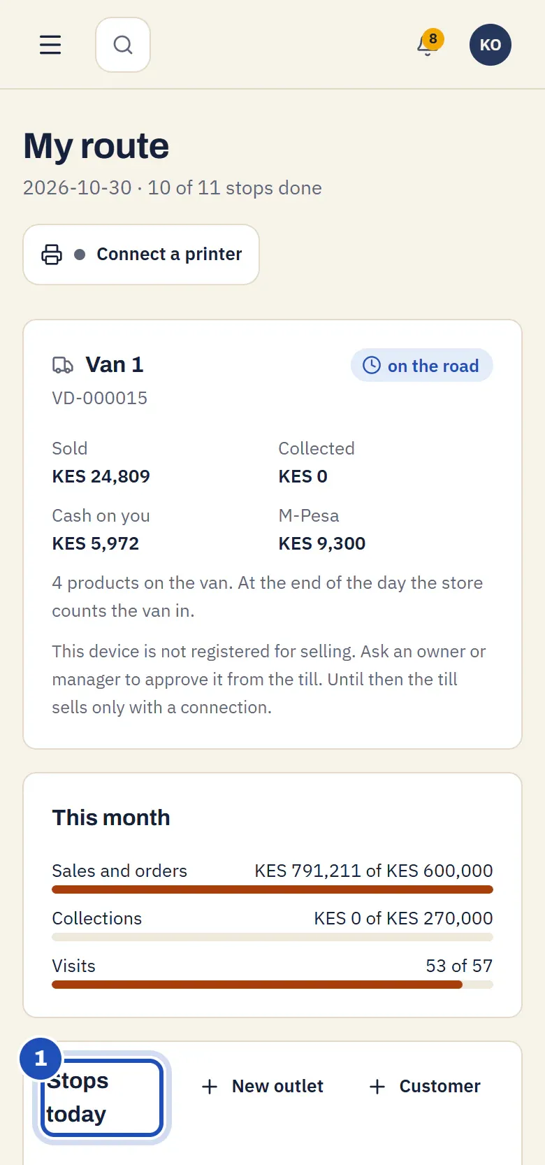 My route on Kevin Otieno's phone: Van 1's day on the road, and Stops today (1) with each shop's visit.