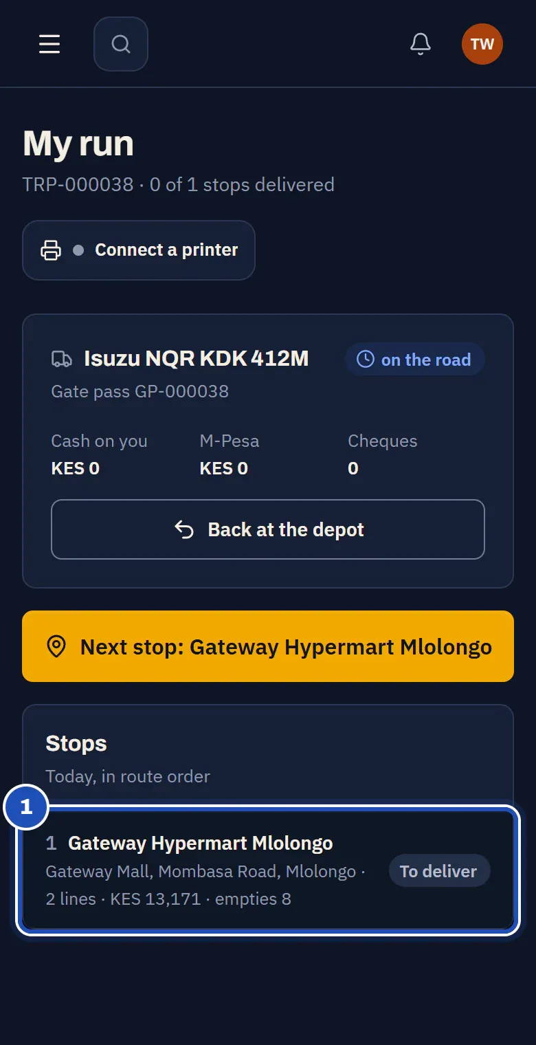 My run on Tom Wekesa's phone: the truck on the road with its gate pass and the cash on him, Next stop, and the first stop with its lines, value and empties, To deliver (1).