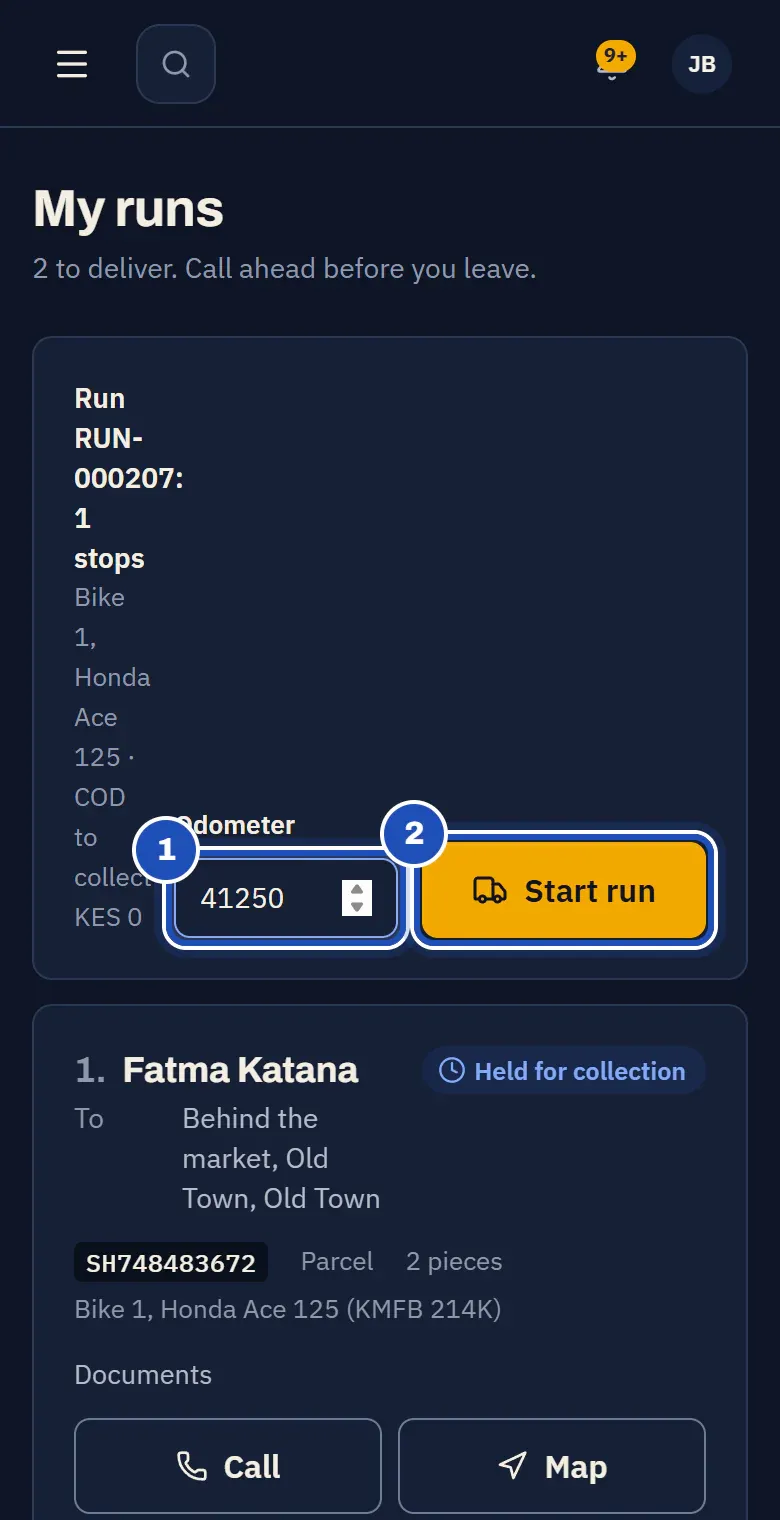 My runs on Juma Bakari's phone: Run RUN-000202 with 1 stop on Bike 1, the Odometer typed (1) and Start run (2).