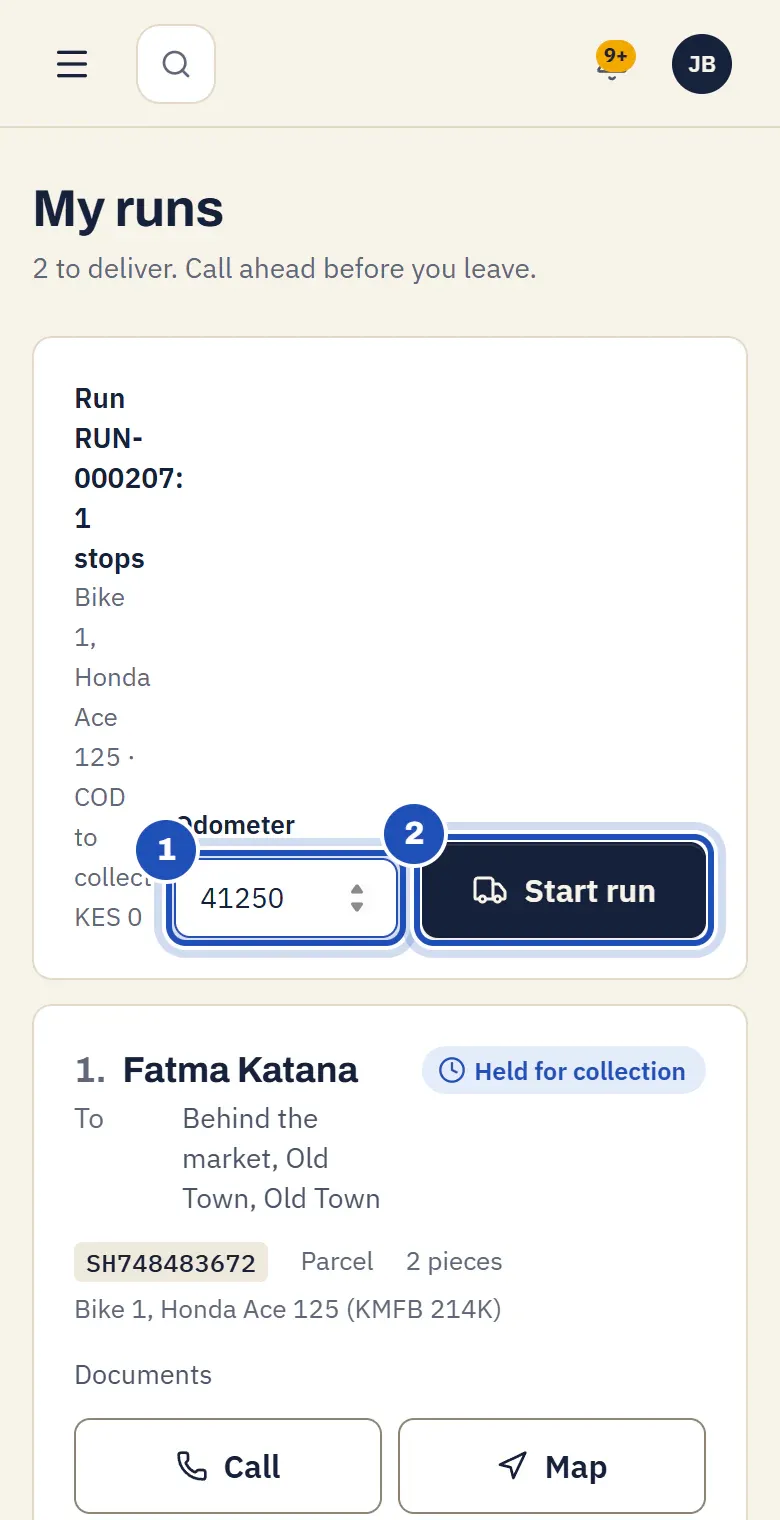 My runs on Juma Bakari's phone: Run RUN-000202 with 1 stop on Bike 1, the Odometer typed (1) and Start run (2).