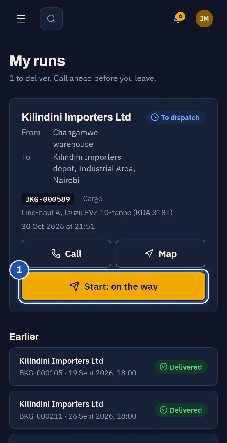 My runs on Joseph Mwangi's phone: a load of cargo for Kilindini Importers Ltd from the Changamwe warehouse to their depot in Industrial Area, Nairobi, on Line-haul A, with Call, Map and Start: on the way, marked 1.